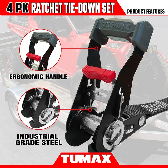 4Pcs Ratchet Tie Down Straps for 2200lb Break Strength, 1” x 15FT Tie Down Straps with Soft Loop & Safety S Hook - Cargo Strap Tie Down for Trucks, Motorcycle, Moving, Appliances, Black