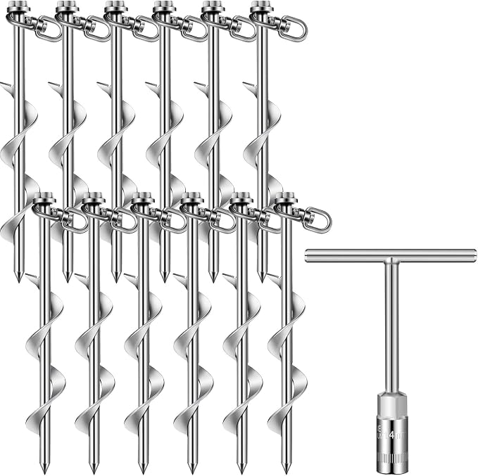 Hiboom 10 Pcs Ground Anchors with T Handle Hex Wrench Trampoline Hook, Ground Anchor Screw in Kit, Inflatable Outdoor Decorations Accessories for Camping Tents Car Ports Canopies (Silver,8 Inch)