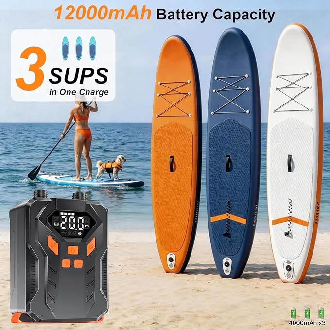 Rechargeable 20PSI Electric Paddle Board Pump – Dual-Stage Inflation & Deflation, Auto-Off, 7 Nozzles, LED Light, 12V DC Car Connector, Portable SUP Pump for SUP, Inflatable Boat, Tent, Kayak