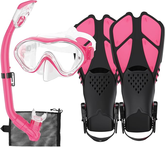 Snorkeling Gear for Kids with Foldable Silicone Full Dry Snorkel, Kids Snorkel Set Anti Leak Youth Junior Snorkeling Package Diving Mask Soft Tube with Mesh Bag Scuba Swimming Goggles