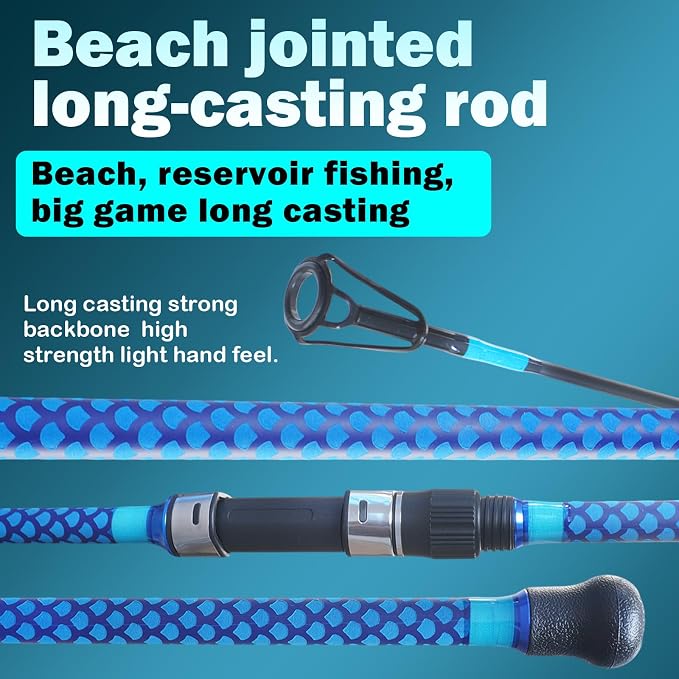 Surf Fishing Rod 9'/10'/11'/12', Carbon Fiber Graphite Spinning Rod 3-Piece Travel Rod with 2 Tips, Includes Pompano Rig & High-Strength Wire Leaders for Saltwater Beach Surf Casting
