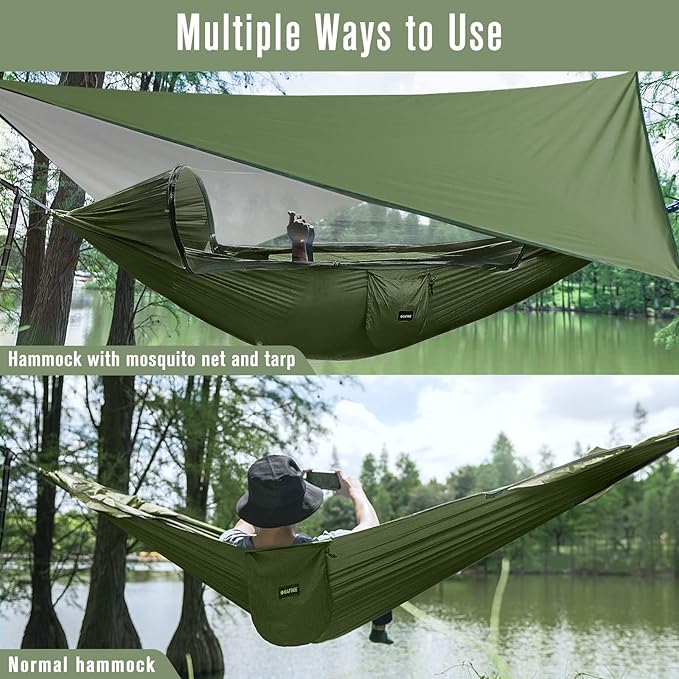 G4Free Large Camping Hammock with Mosquito Net and Rain Fly- 2 Person Portable Hammock with Bug Net and Tent Tarp for Outdoor Hiking Camping Backpacking Travel(Army Green with Rain Fly)