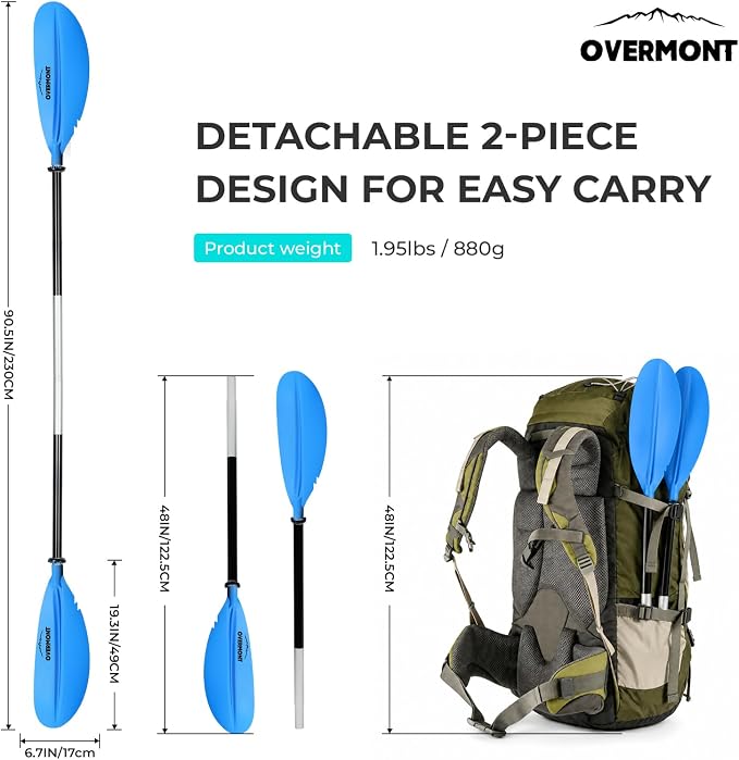 Overmont Kayak Paddles with Leash - Heavy Duty Aluminum Alloy Shaft Boating Oar for Kayaking Boating Canoeing 218cm/86in - 230cm/90.5in - 241cm/95in