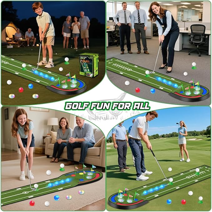 TERRAMUS Upgraded Golf Putting Mat for Kids, 7.8 Ft Putting Green with LED Light up Holes, Glowing Balls, 2 Clubs, Toy Golf Game Set, Golfing Mats Indoor Outdoor, Sport Golf Gift for Kids Teens Family