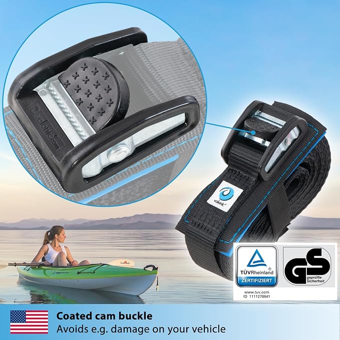 valonic ORCA - tie Down Straps Heavy Duty - 3500 lbs, Padded, cam Buckle, 13 ft x 1.3 in, 2 Pack - for roof Rack, Surfboard, Kayak and Paddle Board - Black, with Protection pad