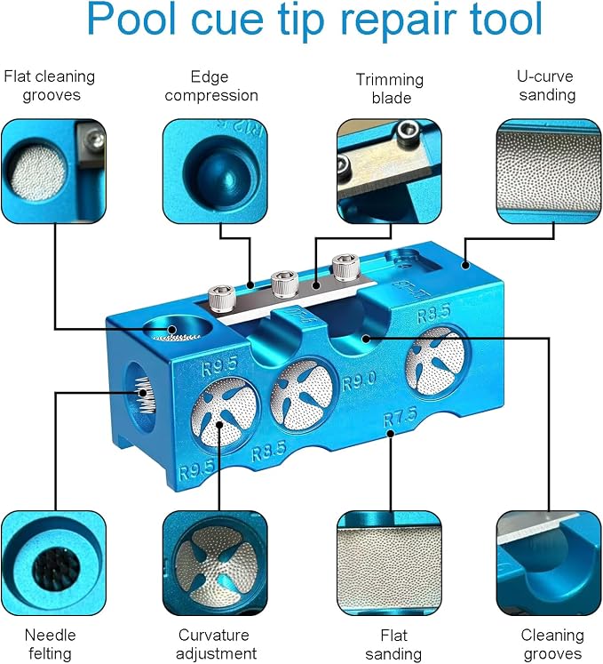 11-in-1 Pool Cue Tip Repair kit, Professional All-in-One Pool Stick Tip Tool for Shaping, Replacement, Maintenance. Tips Shaper & Scuffer kit, Pool Cue Trimmer (Blue Aluminum)