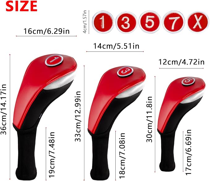 Andux 3pcs/Set PU Golf Wood Club Head Covers with Long Neck | for 460cc Driver Fairway Wood Club with Hook & Loop No. Tags Coloured Piping Pull-On Closure