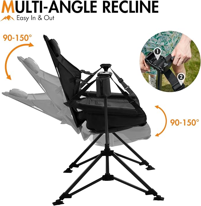Portal Hammock Camping Chair Heavy Duty 400lbs - Swinging Chair Outdoor with Adjustable Recline & Headrest Pillow, Portable Hammock Swing Chair for Camping Beach Sports Events, Black