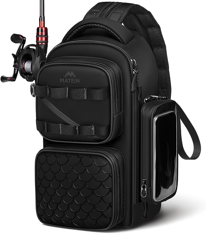 MATEIN Fishing Sling Bag with Lure Rod Holder & Phone Pouch, Waterproof 3600 Tackle Box Backpack with Removable Bait Binder
