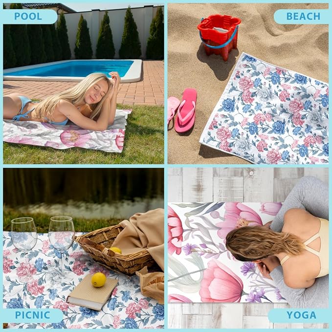 2 Pcs Microfiber Beach Towel Sand Free Quick Dry Oversized Lightweight Floral Watercolor Artistic Style Pink Purple Lavender White for Pool Travel 71 x 32 Inches