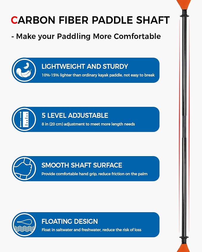 Kayak Paddle Carbon Fiber Shaft and Reinforced Nylon Blade, Adjustable Kayaking Oars, 3 Piece, 230-250 cm/90-98 Inches,210-230 cm/82-90 inches