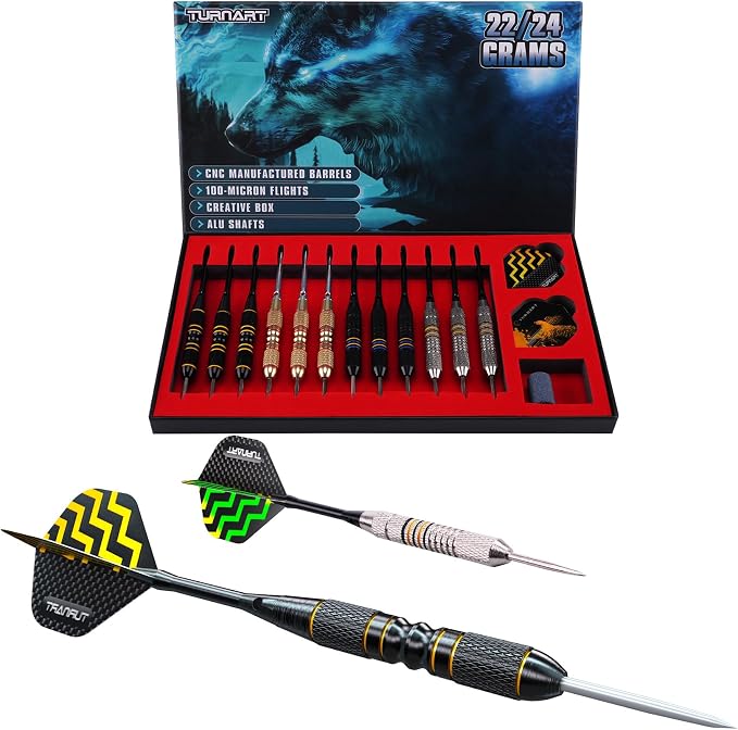Turnart Darts Metal Tip Set - Steel Tip Darts Darts Set Professional Metal Darts 12 pcs 22/24 Grams Pro Dart Set with Stylish Case Aluminum Shafts Extra 9 Flights