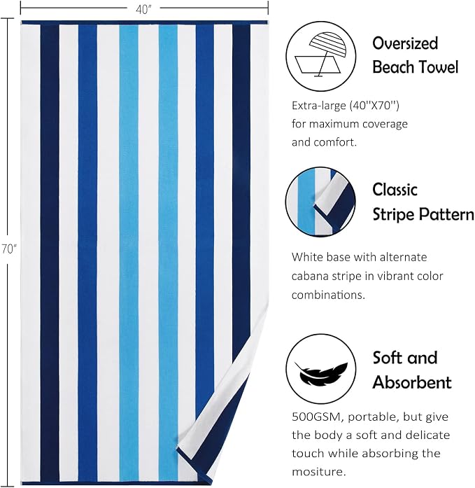 Bornbay Cotton Oversized Beach Towel - Extra Large 40"X70" Plush Thick Pool Towel, XL Fluffy Multi Blue Beach Towels Stripe Swimming Towel for Adults Mens Women