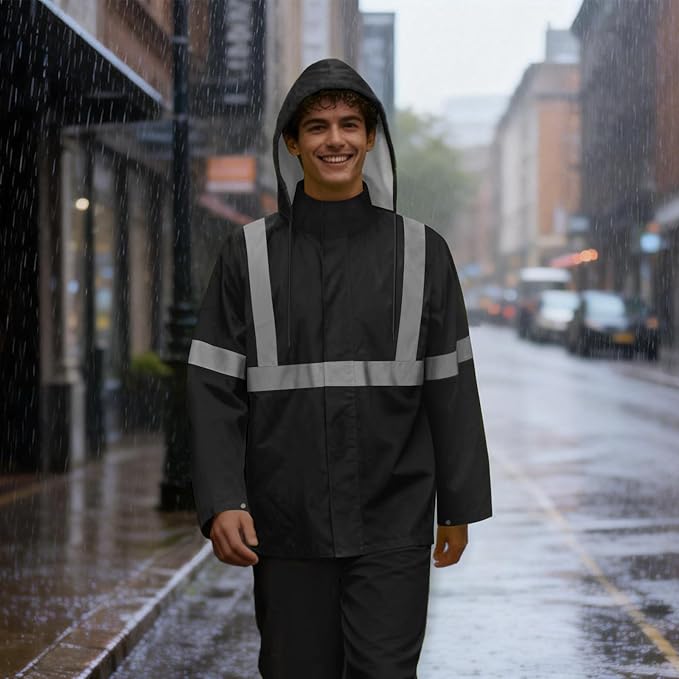 Rain Jacket, High Visibility Rain Coat, Waterproof Raincoat with Hood, Lightweight Rain Suit for Outdoor Activities, Rain Ponchos for Adults Reusable, Men Women, Black T, 4XL-5XL