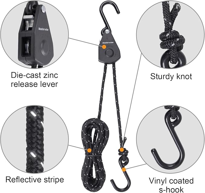 1/8" x8' Kayak Tie Down Straps with Reflective Stripe, Boat Trailer Straps Canoe Bow and Stern Rope Hanger Kayak and Canoe Accessories (Black, 4PCS)