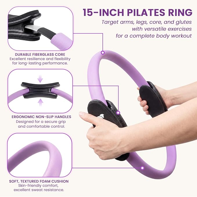 Pilates Kit - 15" Pilates Ring Set for Women Home Workouts, Pilates/Yoga Equipment for Beginners, Pilates Magic Circle with 9" Core Ball, Resistance Bands, Guide & Bag