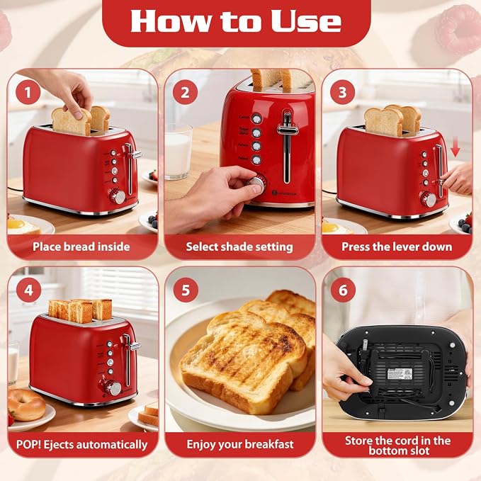 Aigostar Toaster 2 Slice, Retro Extra-Wide Slot Toasters Best Rated Prime for Toasting Bagels, Breads, Waffles & More, Cancel, Defrost & 6 Browning, Removable Crumb Tray, Stainless Steel, Red