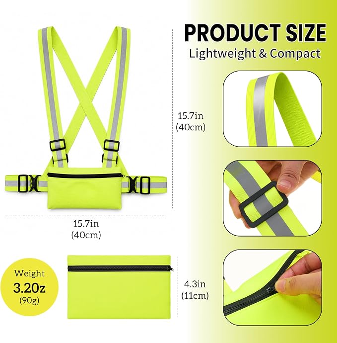 Hercicy 10 Pack Reflective Safety Vest with Zipper Pocket, Adjustable High Visibility Reflective Vest for Adults, Elastic Reflector Straps for Running, Walking, Cycling, Construction, Night Safety