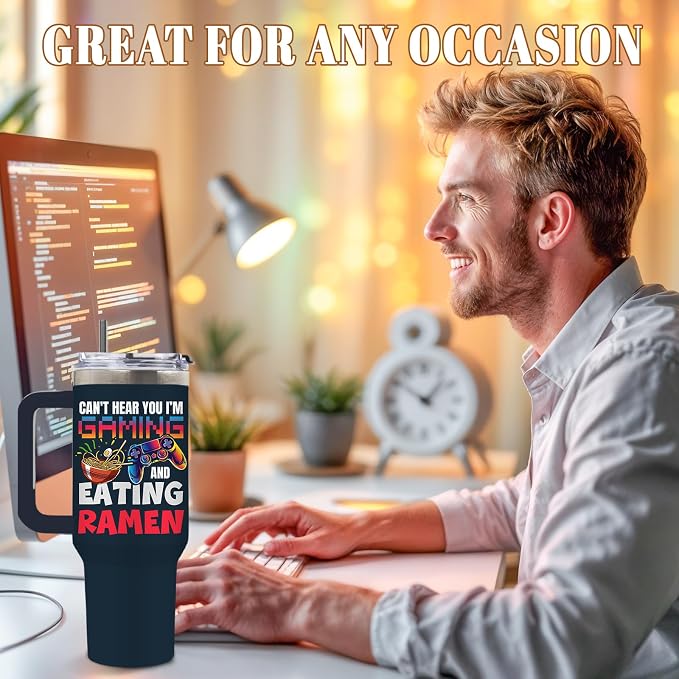 DUUV Gaming Tumbler 40oz, Insulated Gaming Gifts for Gamer | Dark Blue Gamer Tumbler Leakproof, Game Controller Gift for Man Boys, Can’t Hear You I’m Gaming and Eating Ramen, 1 Pack