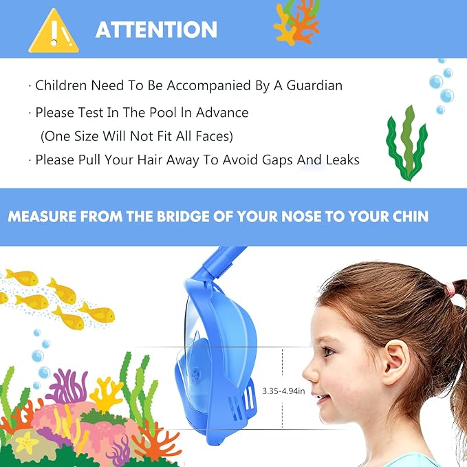 Kids Snorkel Mask Full Face, Snorkeling Gear for Kids with Camera Mount, 180 Degree Panoramic View Snorkeling Set Anti-Fog Anti-Leak