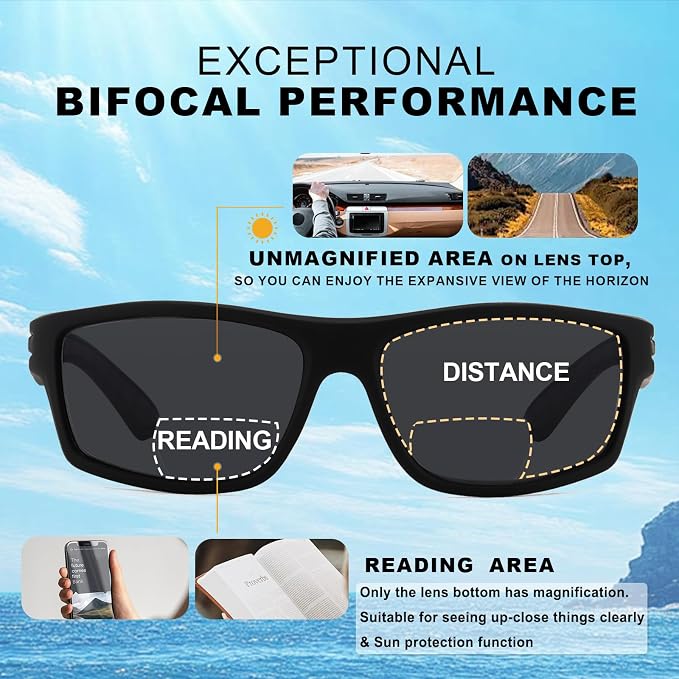 Missfive 2-Pack Mens Ultimate Bifocal Sunglasses with Readers Built In Sporty Upgraded Wrap Frame, UV400 Protection Driving & Reading Glasses for Outdoor +2.0 (Dark/Brown)