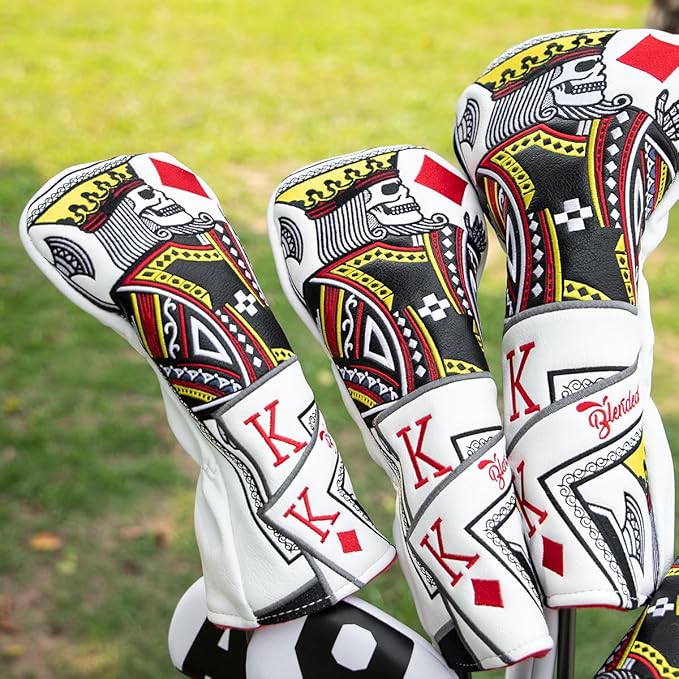 Golf Club Covers Poker Diamond King Driver Cover Fariway Wood Headcover 3 Hybrid Head Covers Blade Putter Cover Mallet Putter Haedcovers with Magnetic Closure for Most Brand