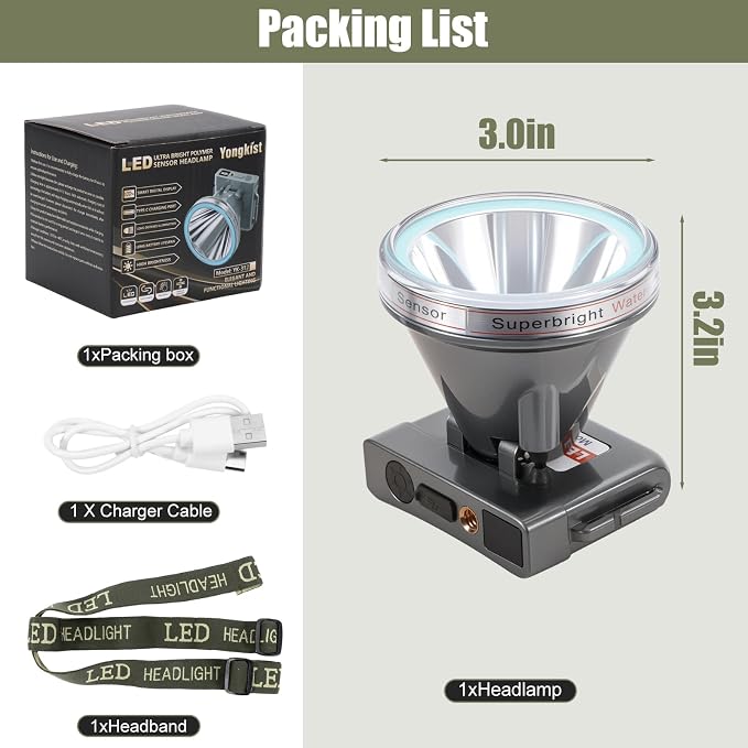 Super Lightweight Ultra-Thin Polymer Battery LED Headlamp with Motion Sensor, Battery Level Display, 5 Modes High Brightness Waterproof, Perfect for Camping, Hiking, Fishing (YK-312 White Light)