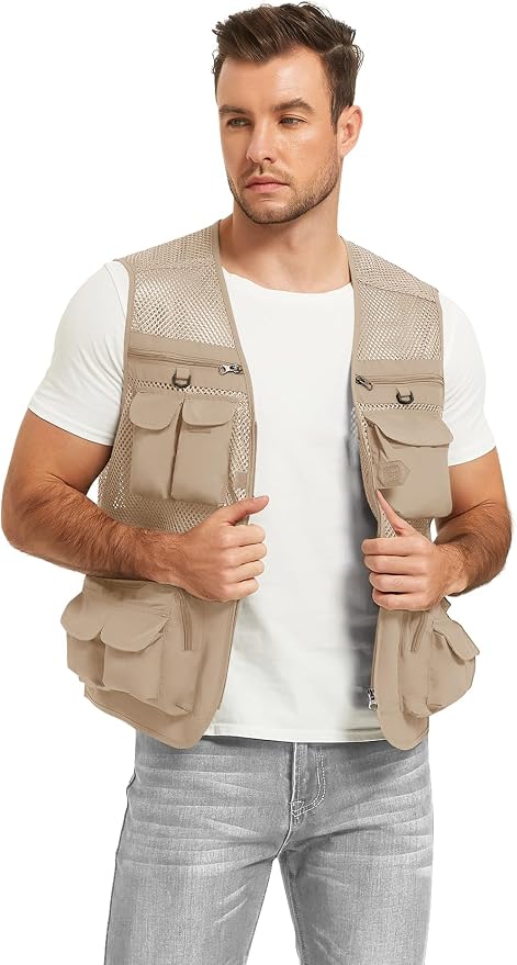 Flygo Men's Fishing Vest Utility Lightweight Outdoor Travel Safari Photo Cargo Vest with 16 Pockets