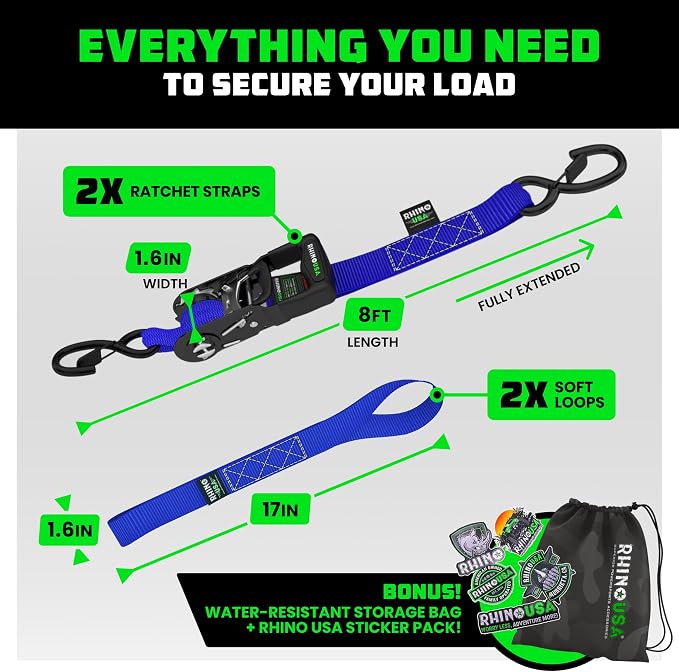 Rhino USA Ratchet Straps Heavy Duty Kit (2-Pack) - 1.6 Inch x 8 Feet Min Break Strength (5,000) - Ultimate Tie Down Straps with Safety S Hooks for Trucks, ATV, UTV, Motorcycle, Cargo & More - Blue