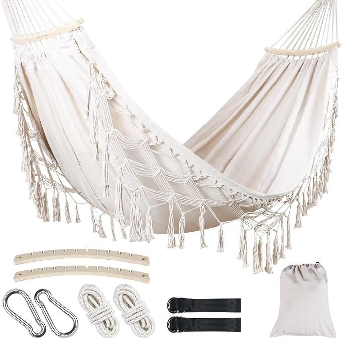 Portable Double Hammock, Hanging Hammock with Tassels and Fishtail Knitting, 550LB Capacity, 320GSM Hanging Bed with Set Full Accessories for Outdoor Camping Patio Balcony Beige