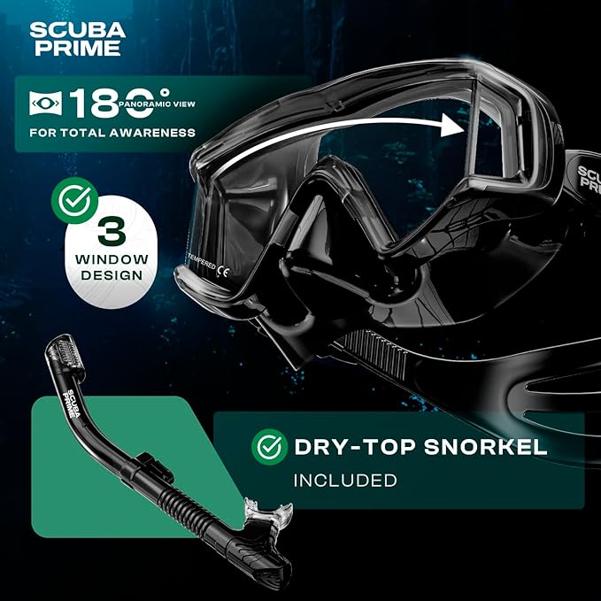 Pano 3 180° Panoramic Dive Mask, Three-Window Tempered Glass Scuba Mask with Dry Top Snorkel, Dual-Layer Silicone Skirt Anti-Leak Diving Gear for Men Women Teens Adults, 4 Color Options