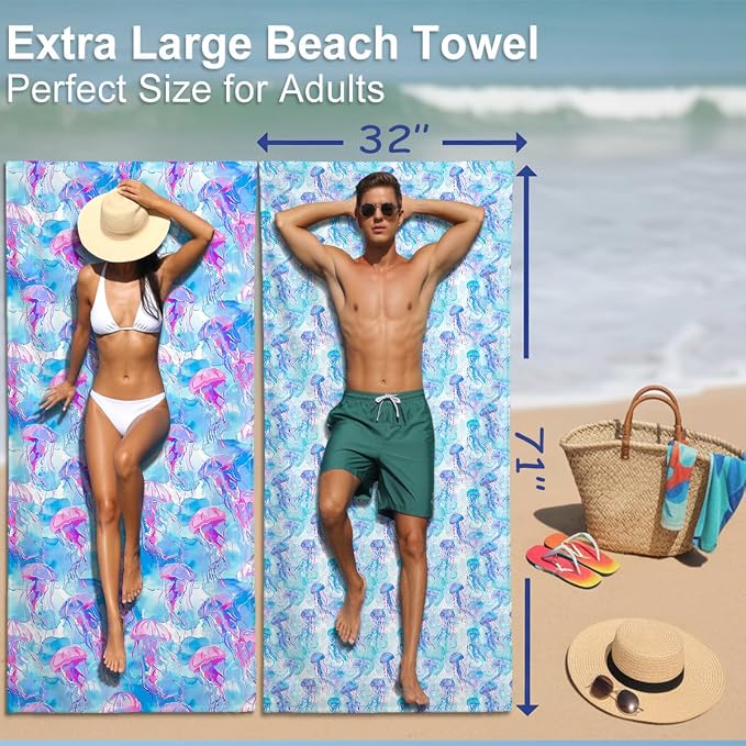 2 Pcs Microfiber Beach Towel Sand Free Quick Dry Oversized Blue Pink Purple Artistic Watercolor Jellyfish Pattern Bath Towels for Adults Swimming Travel Pool 71 x 32 Inches
