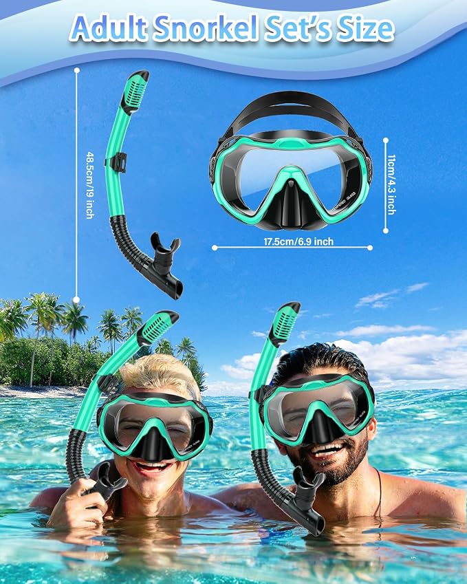 Snorkeling Gear for Adults, Adult Snorkel Set with Panoramic Anti-Leak and Anti-Fog Tempered Glass Snorkel Mask, Dry Top Snorkel, Snorkle Mask Set Adult with Mesh Bag Ear Plug for Snorkeling