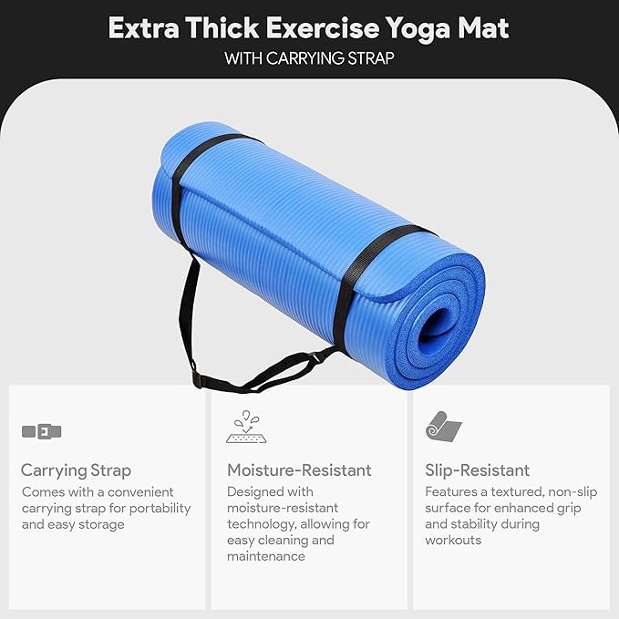 BalanceFrom Yoga Mat, 1-Inch Extra Thick High Density Exercise Mat, Anti-Tear Exercise Yoga Mat with Carrying Strap, Suitable for Various Yoga Exercises, Multiple Colors
