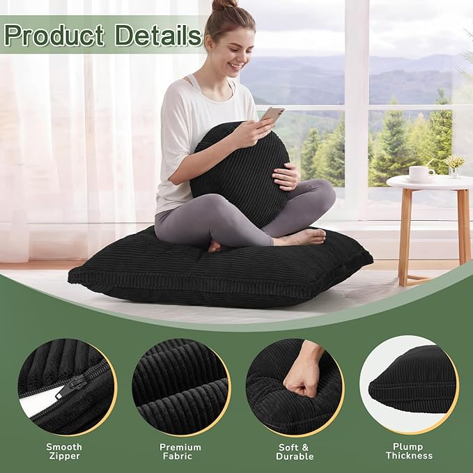 Meditation Cushion Set, Large Meditation Pillow with Ergonomic Support Prayer Pad, Modern Zafu & Zabuton Set to Mindfulness, Yoga, Removable Corduroy Cover, Black, 32in