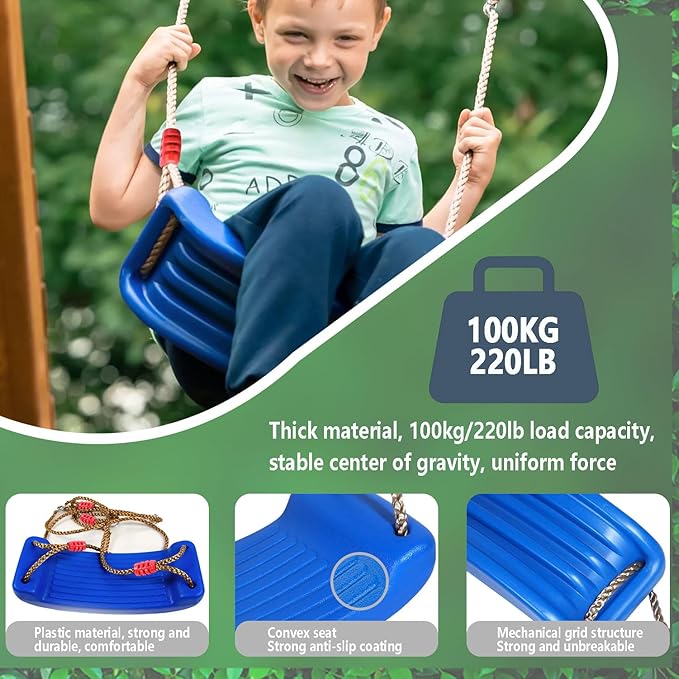 Plastic Swing Seat, Heavy Duty Tree Swing Set Non Slip Playground Swing Set Accessories Replacement with Adjustable Rope for Kids Outdoor Play Playground Backyard (Blue)