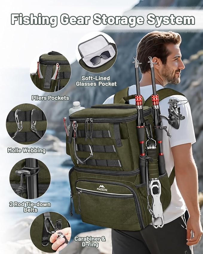 MATEIN Fishing Backpack with 4 Tackle Boxes, Fishing Bag with Rod Holder | 3600 Tackle Box 4 Pack, Water Resistant Tackle Backpack with Cooler Compartment, Safety Compass, Gifts for Fishermen