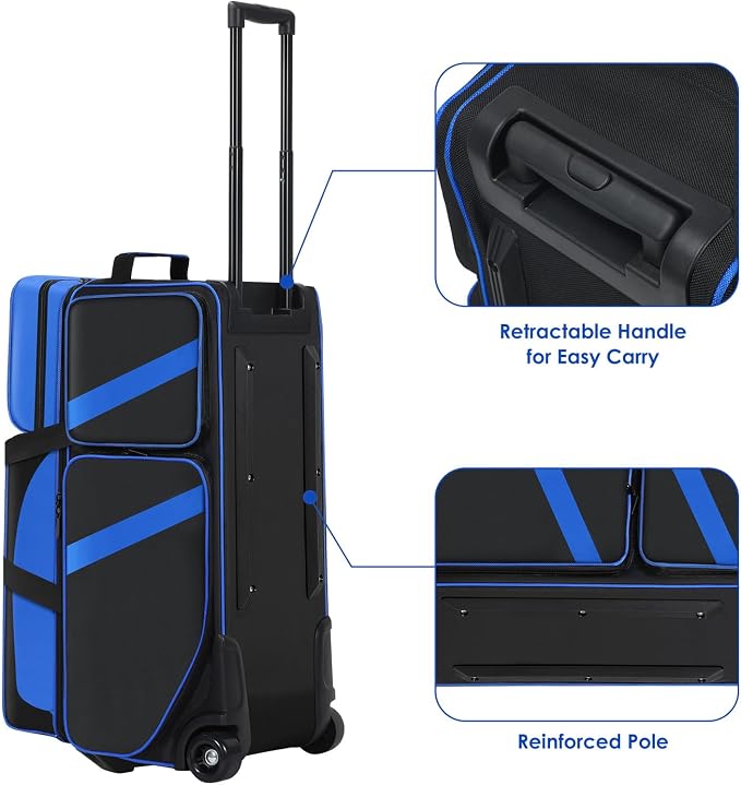 3 Ball Bowling Roller Bag with Smooth Wheels & Shoe Compartment, Heavy Duty 3 Ball Bowling Bag with Retractable Handle, Large Capacity Bowling Bag with Multi-pockets for Tournament, Travel, League