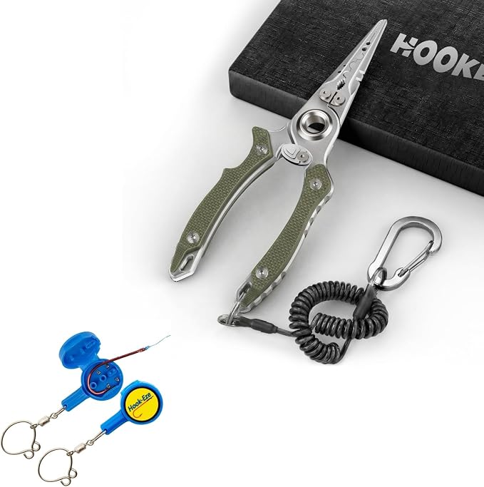 HOOK-EZE Fishing Gear Knot Tying Tool with 17-4 Fishing Pliers | Saltwater Fishing Gear with G10 Handles |Fishing Accessories for Beginner Anglers (Green/Blue)