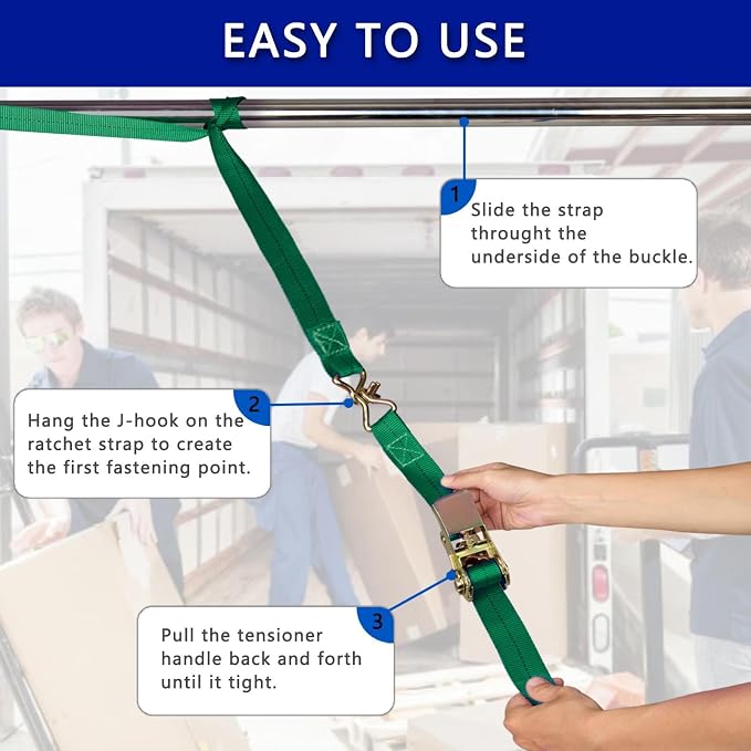 Ratchet Straps (4-Pack), 1 Inch x 16.4 Feet (2200lb Break Strength) with Sturdy Metal Hooks, 1x Work Gloves, Heavy Duty Tie Down Straps for Truck, Cargo Trailer, Motorcycle, Luggage, Moving (Green)