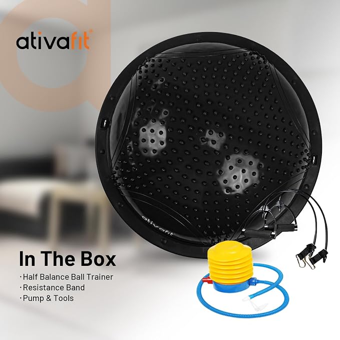 ATIVAFIT Balance Ball Trainer - Half Exercise Ball with Inflation Pump & Resistance Bands - Anti-Burst PVC Stability Trainer for Home Gym, Yoga, Core Training - 660 lbs Capacity