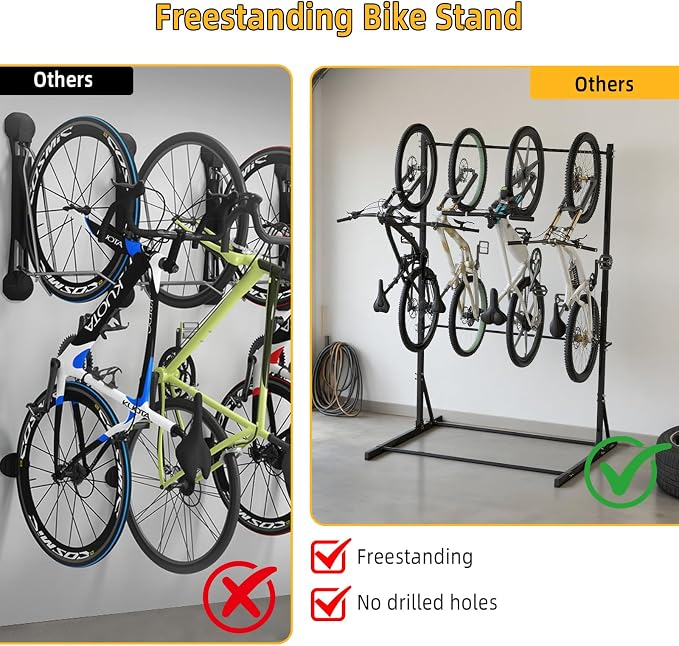 FAHKNS Freestanding Bike Rack for Garage: Hold Up to 5 Bicycle Vertical Bike Stand Floor Indoor Bike Storage Organizer Hangers for Garage