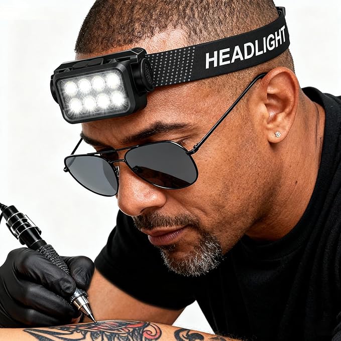GBK Tattoo Headlamp with Motion Sensor,Polarized Vision Glasses,Rechargeable Headlight,2500 Lumen LED Head Light for Tattoo Artists, Anti Glare Lighting to Enhance Tattoo Detail(1 Headlamp)