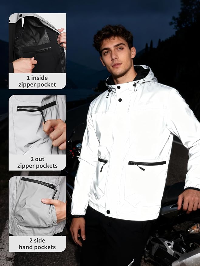 WOSAWE Men Reflective Jacket Night Glowing Bomber Jacket MTB Cycling Windbreaker Travel Sport Coat