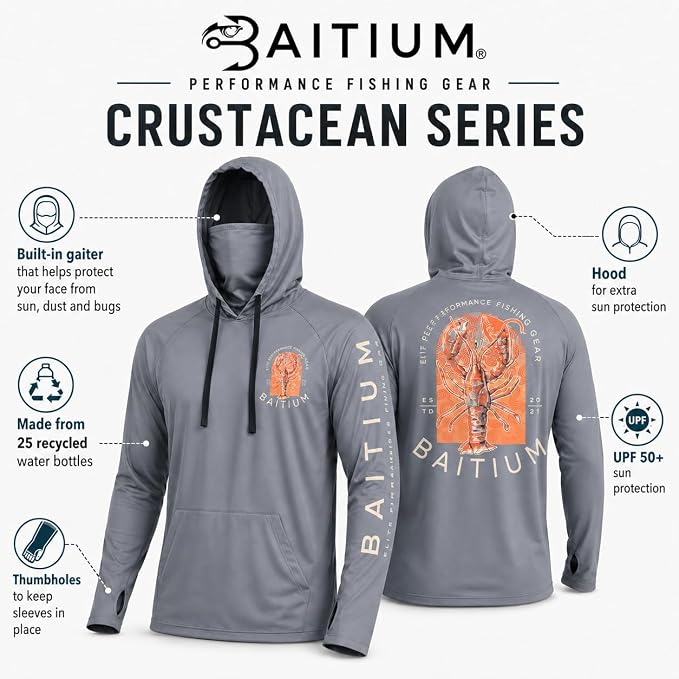 Fishing Shirts for Men,UPF50 Hooded Long Sleeve with Gaiter, Sun Protection Dry Fit Apparel, Face Mask, Fishing Clothes