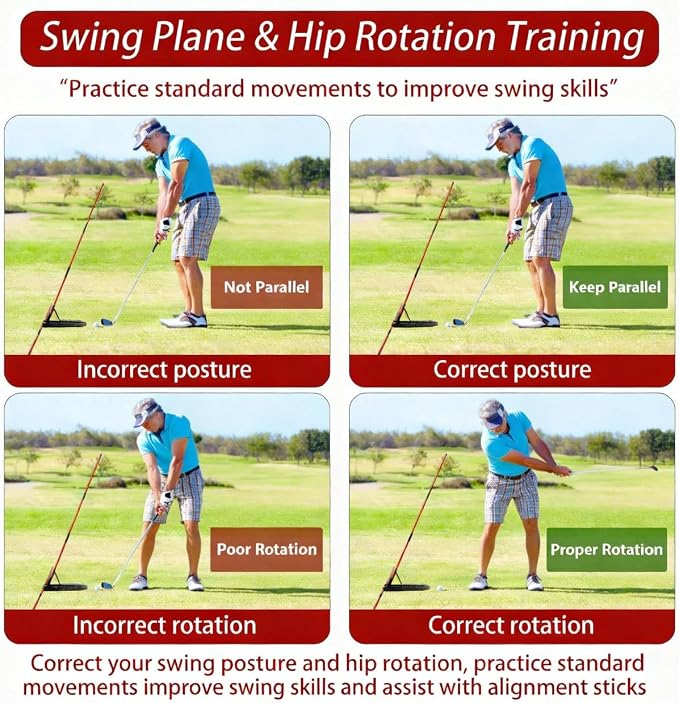 Golf Alignment Stick Holder Adjustable Angle Swing Trainer Aid Fiberglass Rods PVC Sleeve Plane Corrector Portable ABS Base for Men Women Putting Drills Red Black