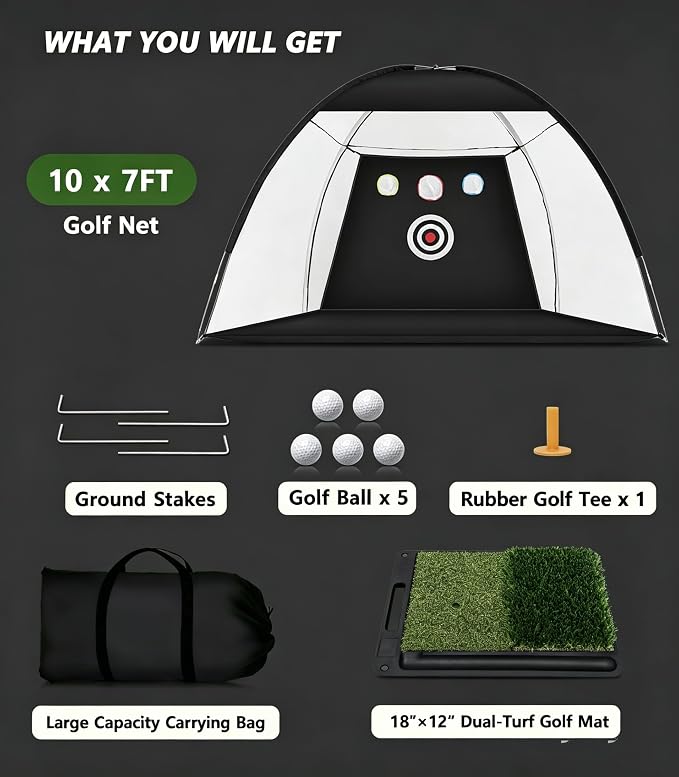 Golf Net: 10x7FT Practice Net with Mat – for Chipping, Swing & Driving Practice –Golf Nets for Backyard, Indoor & Outdoor Use – Ideal Gifts for Men, Women, Dad, Husband, Golfers