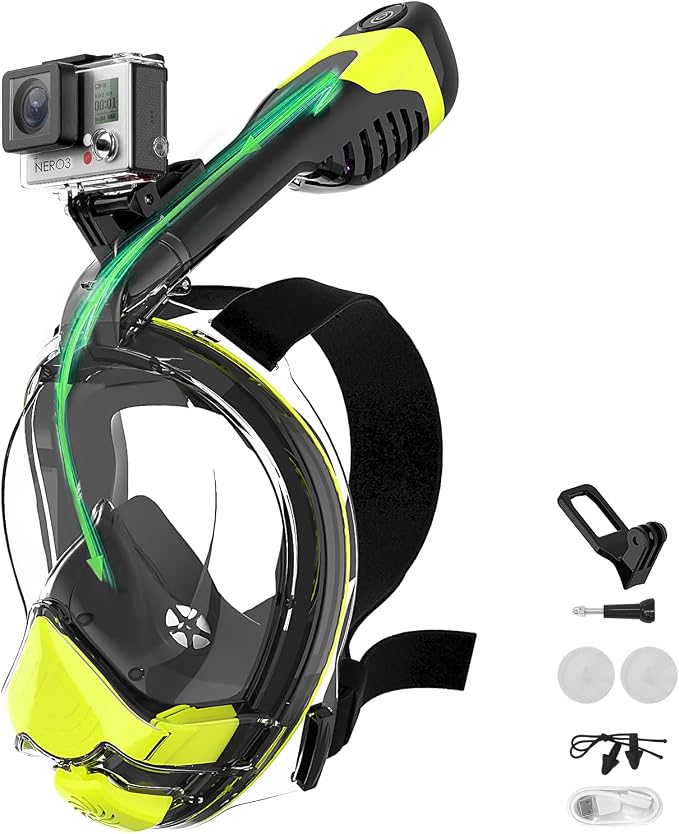 Electric Full Face Snorkel Mask for Adults, Fan-Assisted Airflow Snorkeling Gear, 180° Panoramic Anti-Fog View, Dry Top Leak-Resistant Design with Camera Mount for Beach Vacation