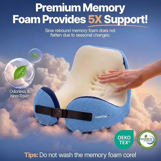 ComfyNap® Versatile Travel Neck Pillow for Airplane [Patented], 9 Positions in 3 Techniques, Plane Pillow with Pure Memory Foam, Travel Pillow with HeadRest Flight Sleep, Travel Essential - Zeus