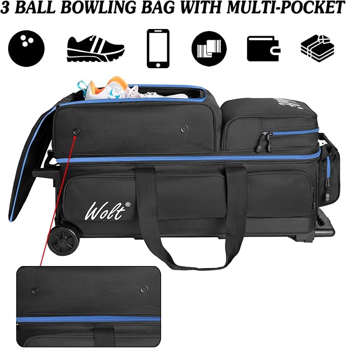 WOLT 3 Ball Bowling Bags with Wheels,Bowling Ball Bag 3 Ball Roller with Separate Shoe Compartment and Accessory Pocket, Retractable Handle Extends to 38’’